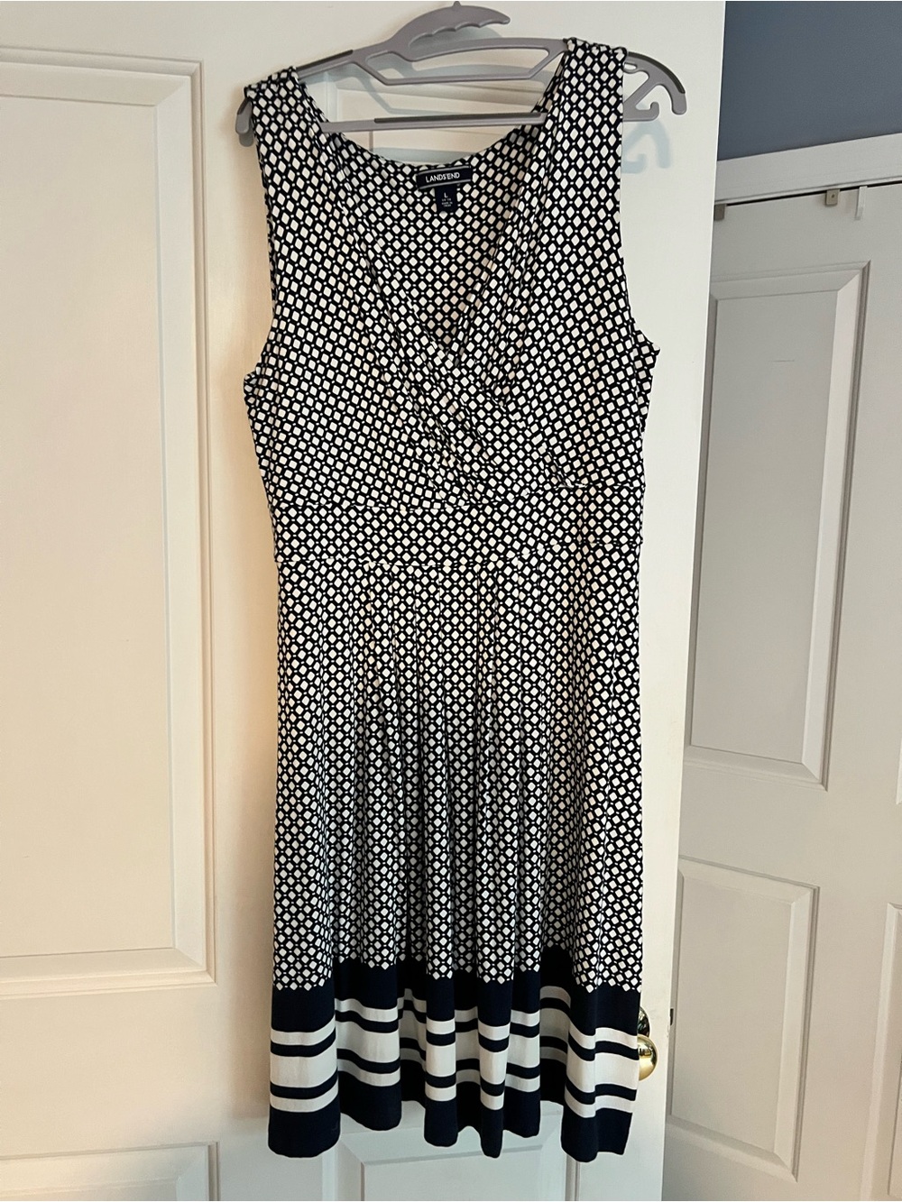 Lands' End Navy and White Sleeveless V-Neck Fit-and-Flare Dress